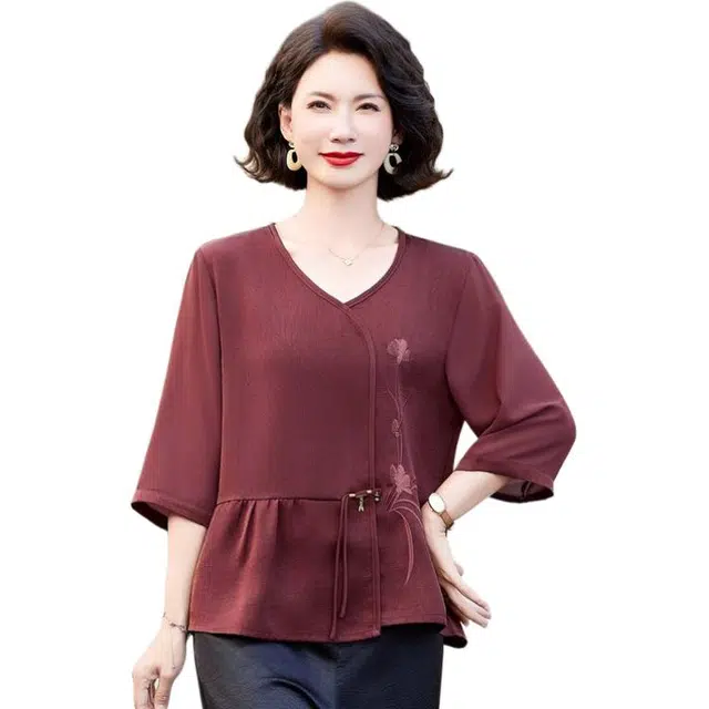 沐晓欣 妈妈夏装新中式七分袖小衫中老年女洋气宽松喜婆婆婚宴装上衣衬衫 女款