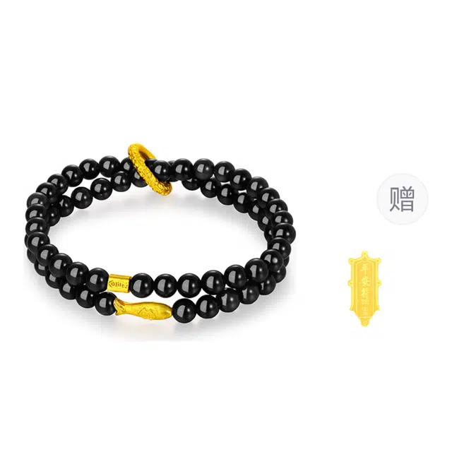 【赶霉运】 金六福吉祥 连年有余珠串 双圈叠戴金鱼跃门新中式国风设计日常通勤约会百搭#好运天然 黑曜石 手串 男款