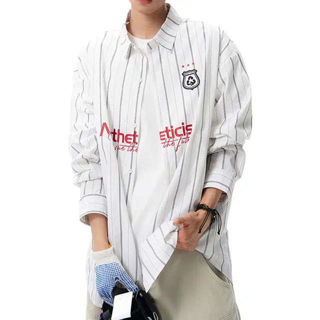 冈哉 字母印花条纹拼接落肩单排扣设计美式学院风简约休闲垂感宽松百搭潮流长袖衬衫 男女同款
