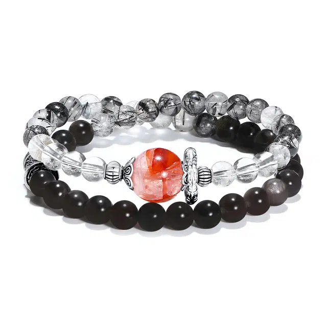 【普陀山官方已过香】 普陀山文创 财源滚滚新中式银曜石百搭八方来财赤华聚财红胶花转运招财暴富有钱#好运 黑曜石 玉石手串 男女同款情侣款