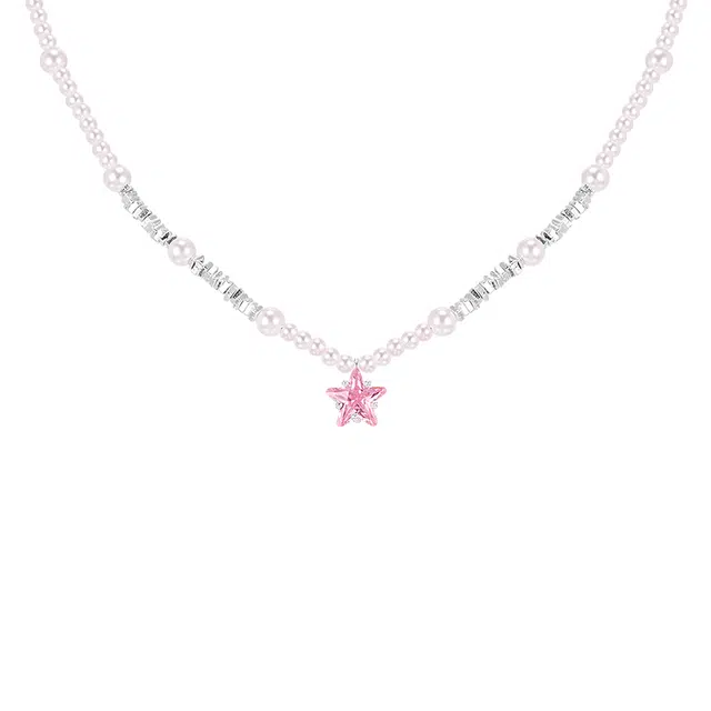 芒果饰品 韩系粉锆星星碎银子珍珠锁骨链 铜 项链 女款