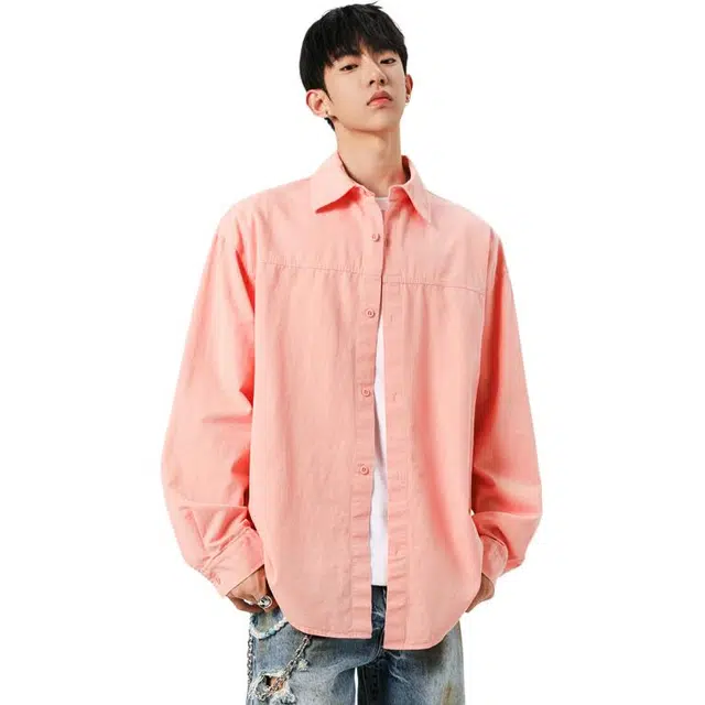 冈哉 日系简约潮流个性单排扣垂感凉感透气时尚纯色舒适基础款痞帅衬衣慵懒感外套长袖上衣宽松翻领纽扣衬衫 男女同款