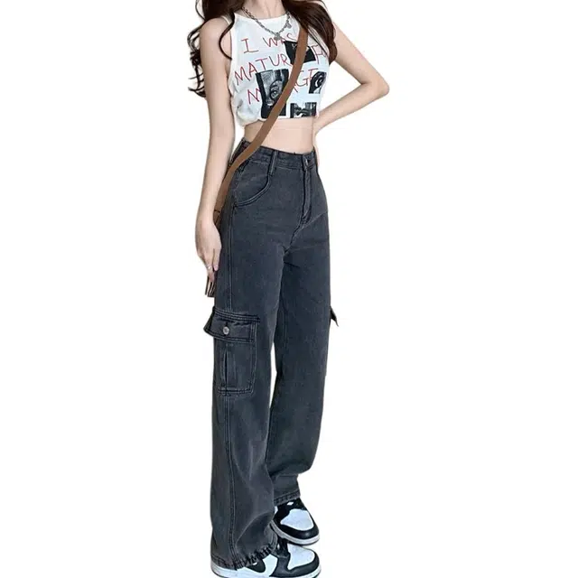 北极绒 复古做旧工装裤女秋季设计感垂感直筒裤长裤子潮牛仔裤 女款