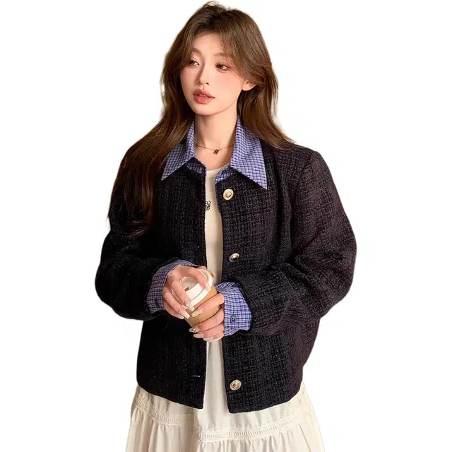 桴生 韩系法式气质小香风单排扣假两件外套上衣夹克 女款