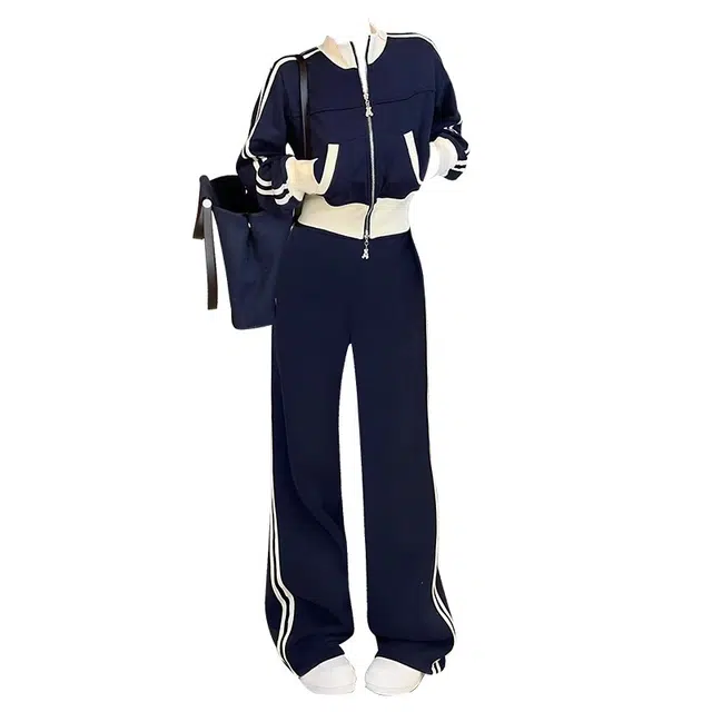 海獭 修身立领夹克外套微喇阔腿裤两件套纯欲辣妹运动休闲套装 女款