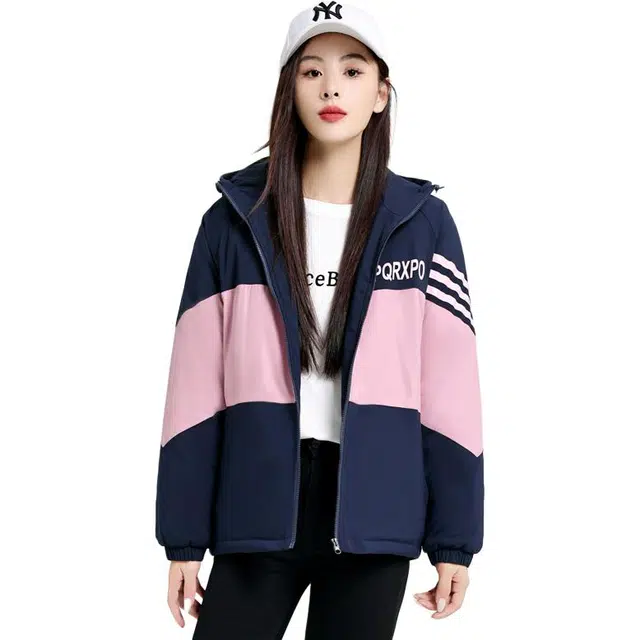 左岸 连帽拼色秋冬韩版百搭舒适加绒加厚防风保暖大码宽松时尚工装休闲棉服 女款