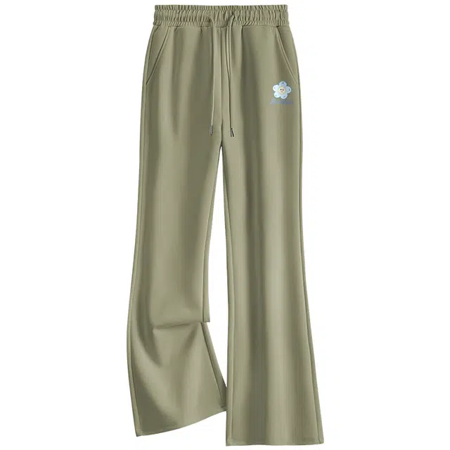 棉致 笑脸小蓝花简约纯色亲肤舒适松紧百搭弹力辣妹提臀修身系带运动喇叭休闲裤 女款