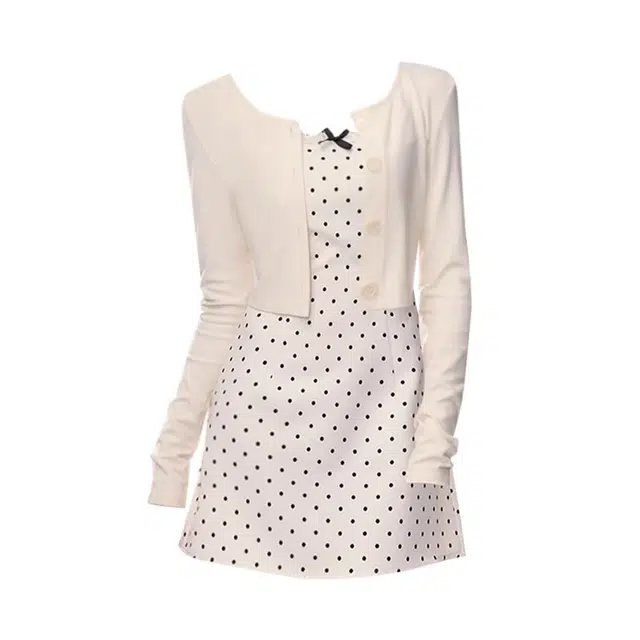 海獭 短款开衫外套小个子两件套蝴蝶结波点吊带连衣裙 女款