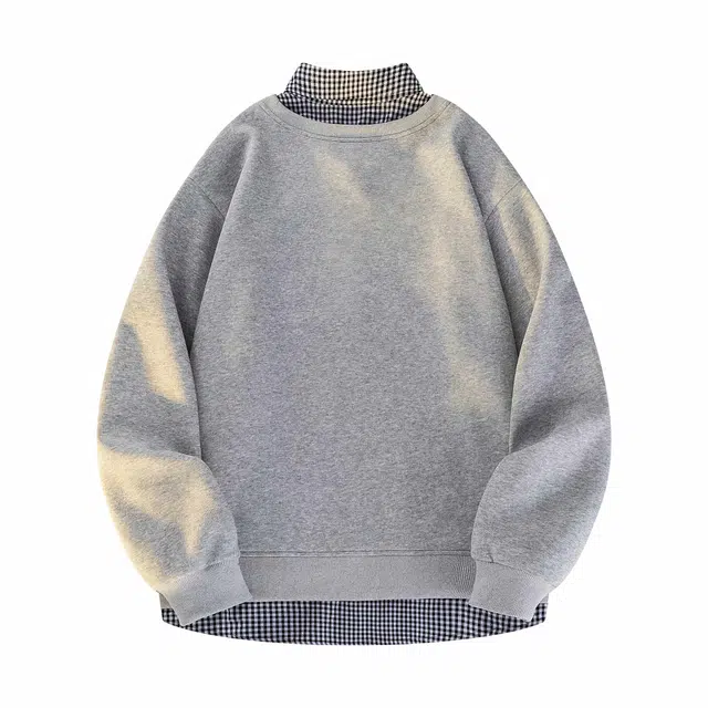 冰飞 韩系复古时尚设计感卡通动漫字母印花图案舒适柔软假两件格子衬衫长袖日常户外通勤卫衣 男女同款