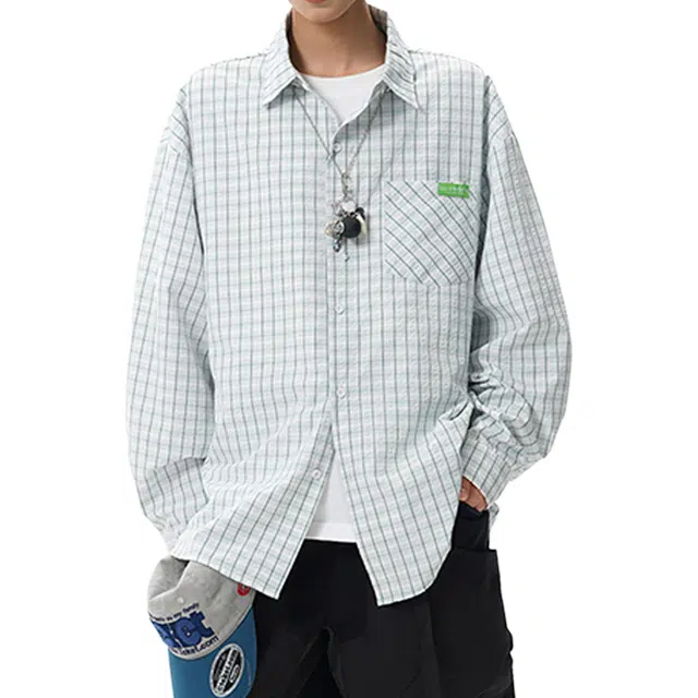 冈哉 泡泡纱条纹格子衬衣美式复古时尚潮流宽松休闲百搭日常穿搭慵懒松弛感简约长袖衬衫 男女同款