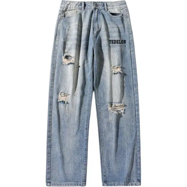 太子龍 美式复古水洗做旧破洞设计直筒舒适耐磨潮流百搭休闲运动拖地牛仔裤  男款