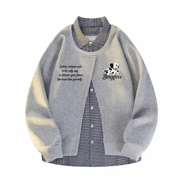 冰飞 韩系复古时尚设计感卡通动漫字母印花图案舒适柔软假两件格子衬衫长袖日常户外通勤卫衣 男女同款
