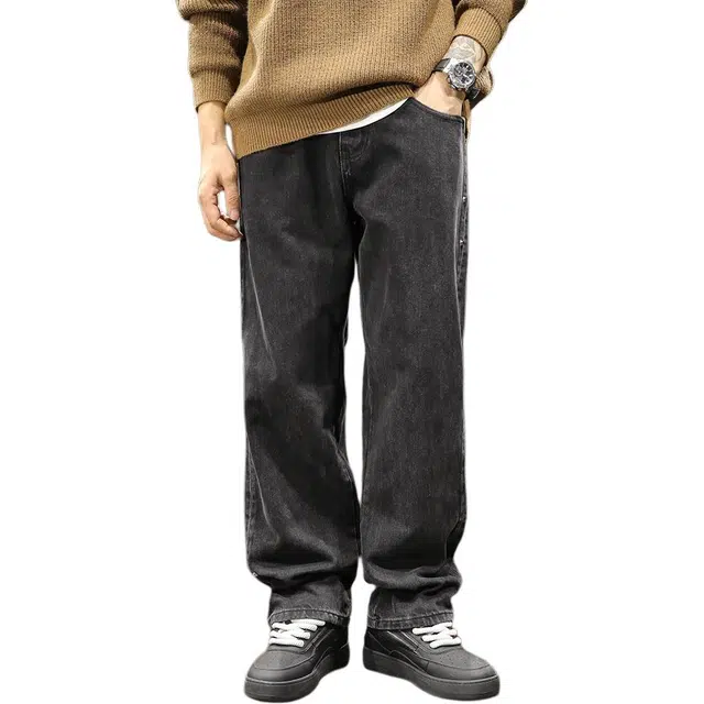 路杰邦 黑色男士秋季美式高街直筒裤宽松垂感阔腿长裤子潮水洗复古牛仔裤 男款
