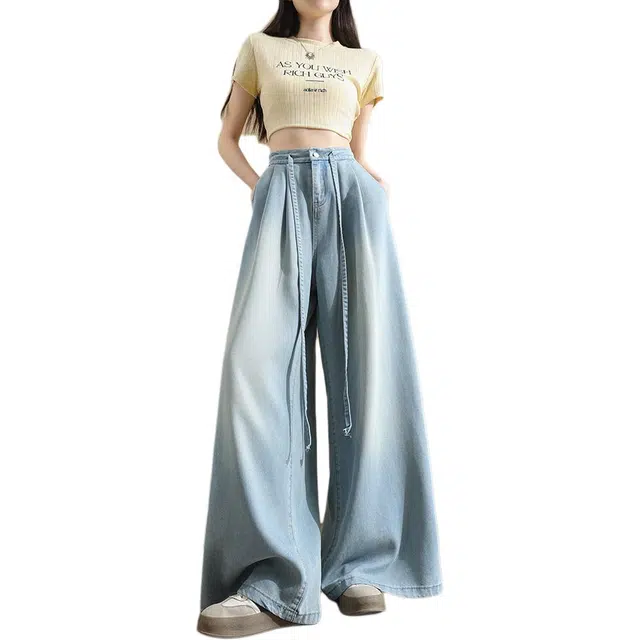黛尔佳人 抽绳美式复古直筒女男宽松高腰显瘦百搭阔腿裤春牛仔裤 女款