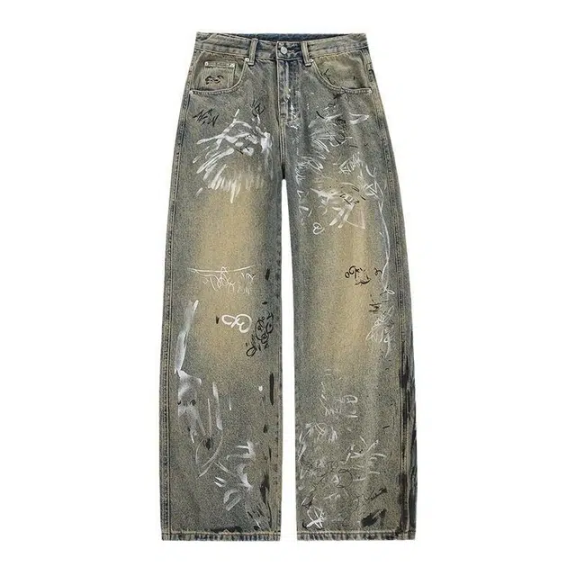 洞洞拐 美式痞帅水洗复古涂鸦手绘休闲直筒宽松拖地阔腿长裤牛仔裤 男女同款