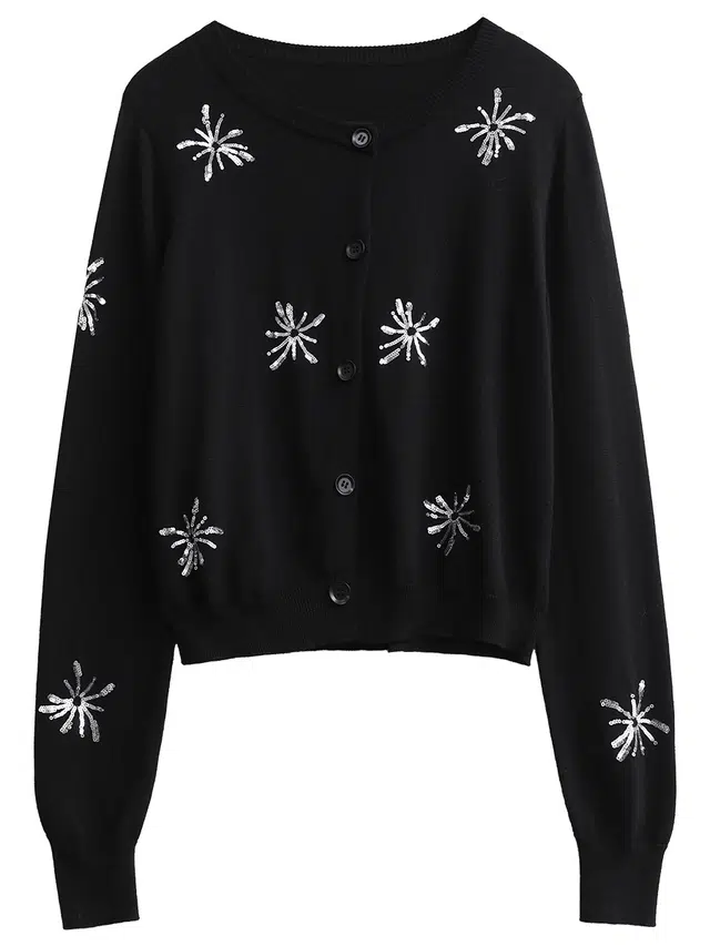 雾闪闪 学院风韩版圆领撞色亮片刺绣开衫针织衫 女款