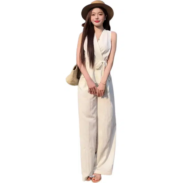 水中花 老钱风无袖上衣阔腿裤两件清冷感夏季轻熟小众不撞款 休闲套装 女款