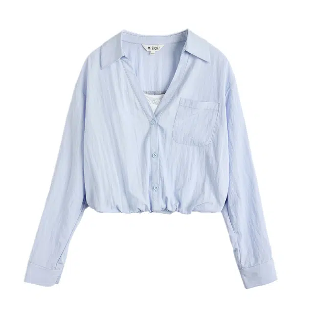 米子旗 蓝色蕾丝花边长袖衬衫 女款