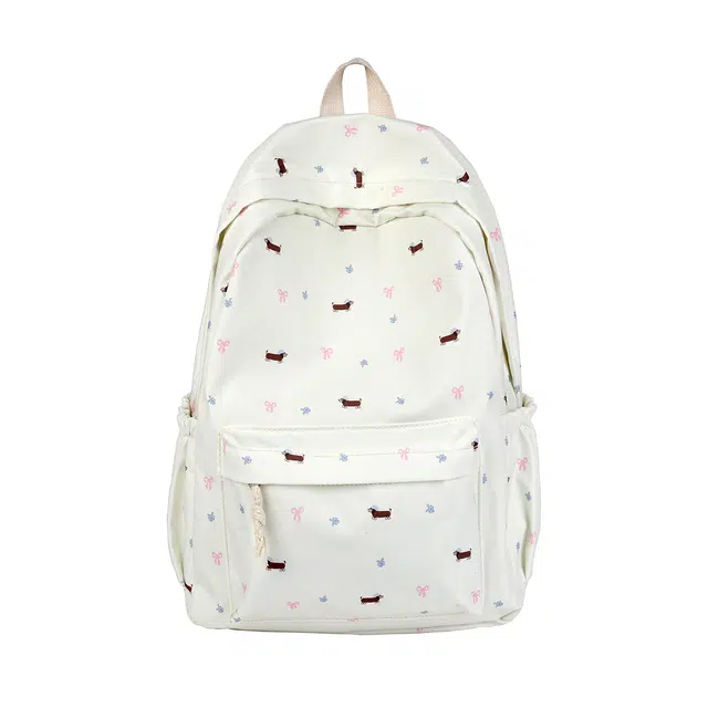 蔻蒂熊 高颜值日系可爱时尚简约小狗包学生大容量书包高级感小众百搭款轻便休闲背包 涤纶 双肩包 常规 青少年 白色