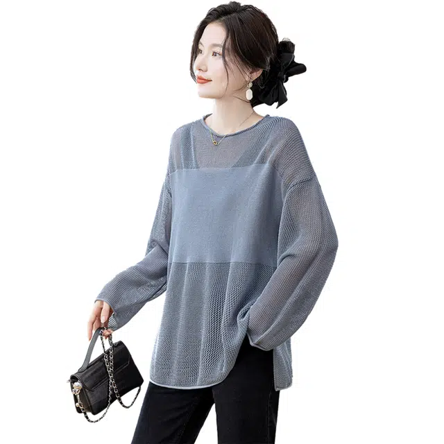 丝柏舍 镂空纯色圆领开叉慵懒风宽松款简约罩衫落肩长袖针织衫 女款