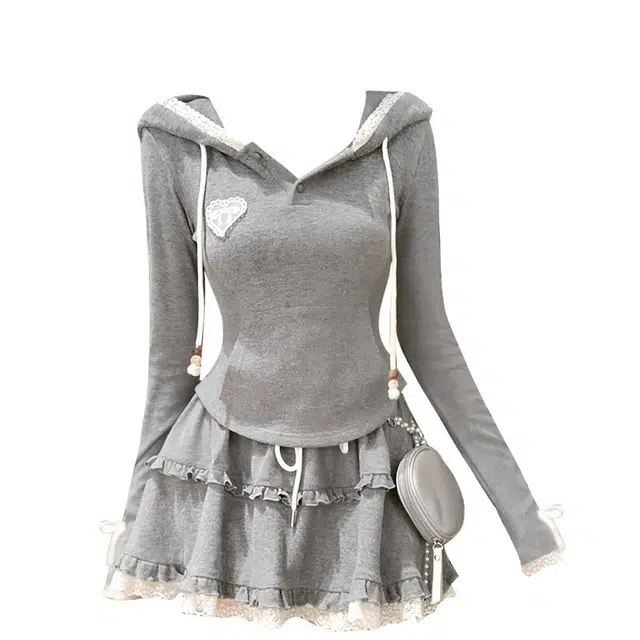 海獭 修身显瘦蓬蓬半身短裙两件套纯欲连帽卫衣休闲套装 女款