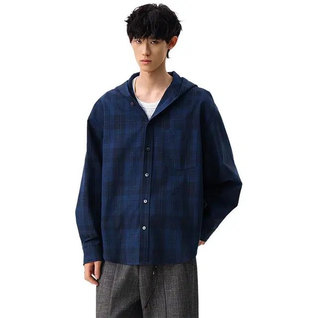 冈哉 美式潮流复古个性痞帅连帽解构高级感学院风日常通勤柔软舒适亲肤清爽透气叠穿休闲百搭上衣衬衫 男女同款