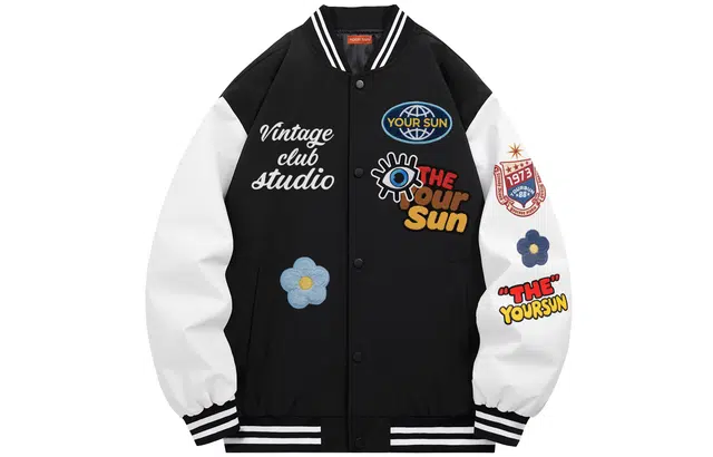 宜而爽  美式复古风创意仿刺绣花朵字母数字徽章图案印花设计拼接撞色外套宽松舒适休闲百搭落肩单排扣棒球服 男女同款