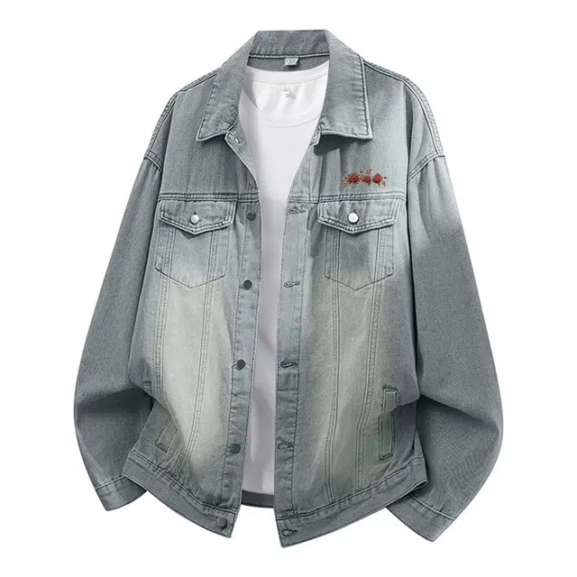 红蜻蜓 美式街头仿刺绣植物花卉复古水洗做旧纯色条纹痞帅舒适休闲基础牛仔外套 男女同款