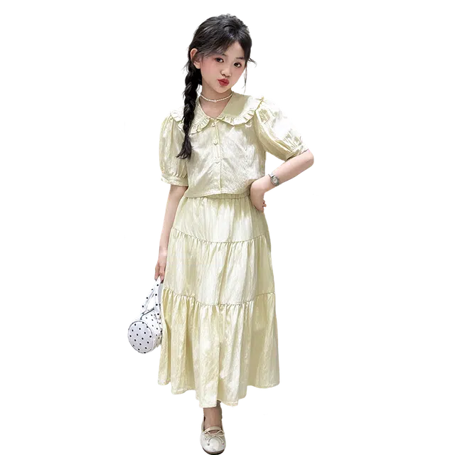 青少年 帕兰朵裙装套装 夏季 洋气时尚纯色娃娃领上衣公主裙两件套