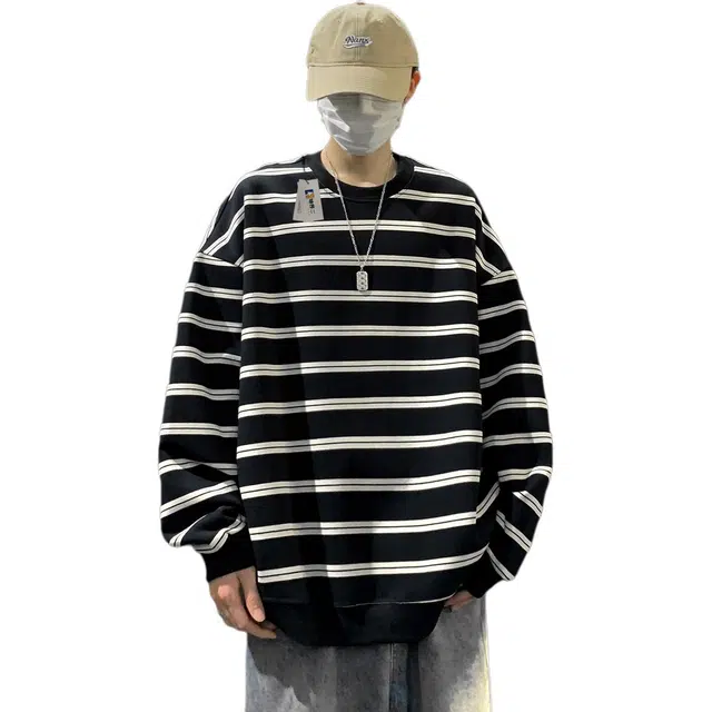 地界二 日系复古基础条纹男春秋季潮牌青少年宽松休闲百搭套头上衣条纹宽松休闲卫衣 男款