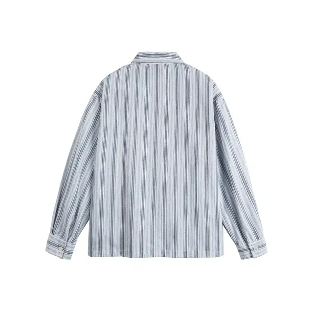 永言 美式复古字母印花条纹长袖衣服潮牌宽松情侣百搭衬衣衬衫 男女同款