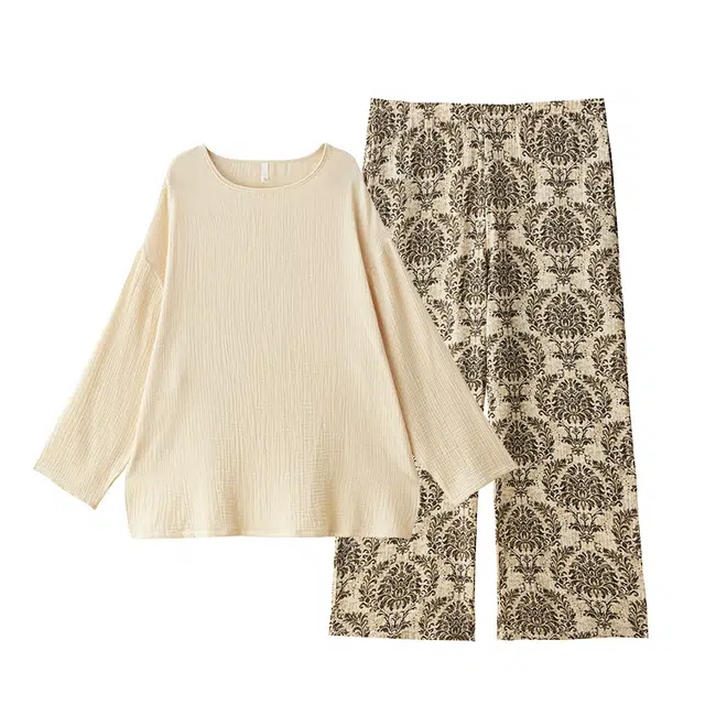 俏薇妮 舒适春秋带胸垫一体纯棉纱布婴儿棉圆领长袖长裤家居睡衣套装 女款