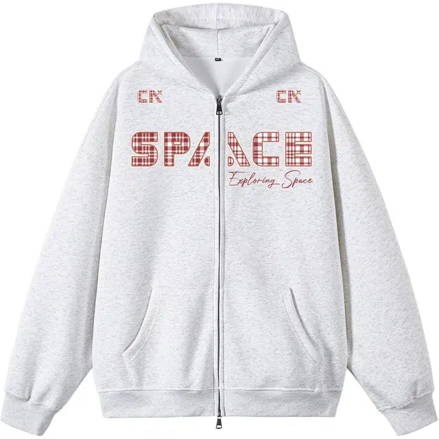 中国航天 字母绣花基础开衫连帽国潮美式复古高街时尚休闲经典百搭日常通勤潮牌宽松拉链外套卫衣 男女同款