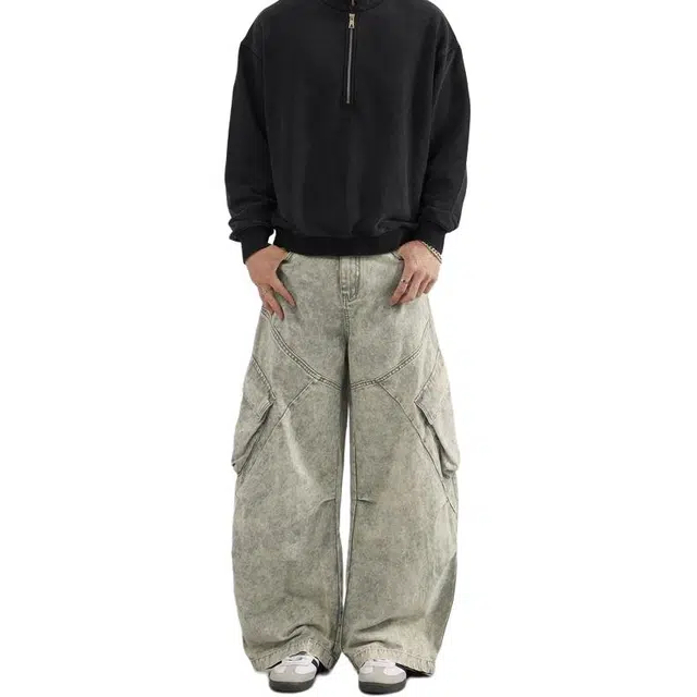 宝米卡 美式复古设计感弯刀工装裤中性街头宽松直筒阔腿休闲牛仔裤 男女同款