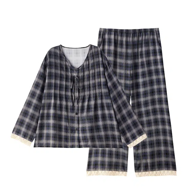 俏薇妮 【云柔织】带胸垫一体春秋纯棉长袖长裤格子家居睡衣套装 女款