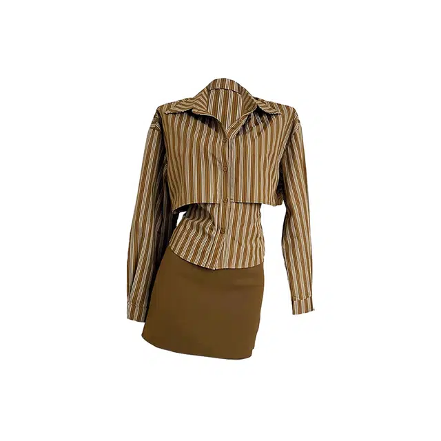 敲模女孩 港风复古收腰长袖衬衫高腰辣妹包臀半裙裙装套装 女款