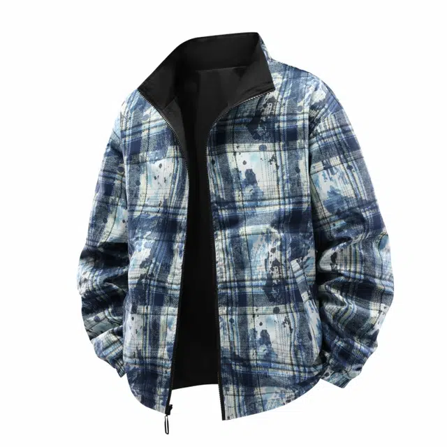 红豆 两面穿立领格子泼墨扎染基础时尚宽松简约休闲夹克外套 男款