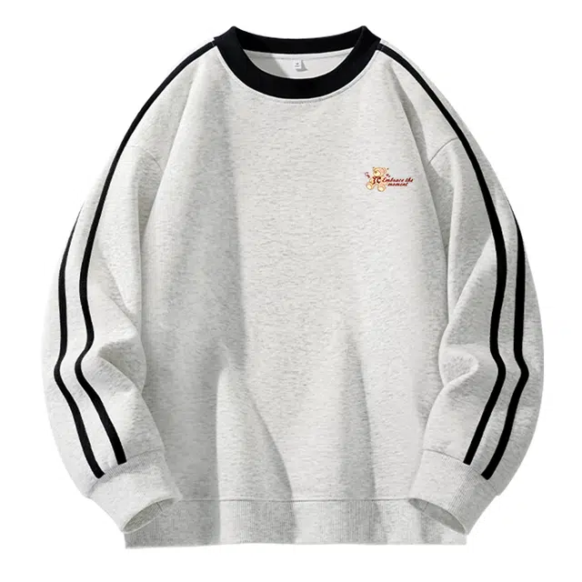 棉致 玩偶小熊条纹条杠撞色柔软细腻透气亲肤舒适通勤学院风宽松休闲落肩圆领卫衣 女款