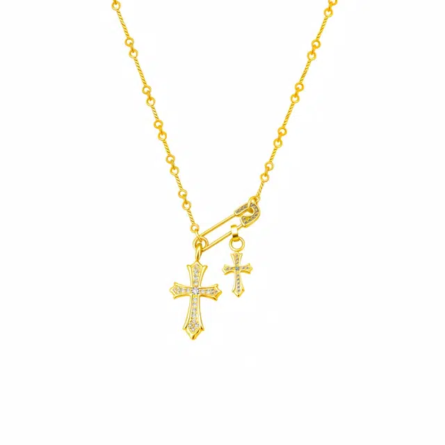 阿葱饰品 嘻哈街头双十字架 欧美轻奢小众个性别针镶钻高级感冷淡风 痞帅甜酷时尚搭配潮流设计#好运 钛钢 项链 男女同款情侣款