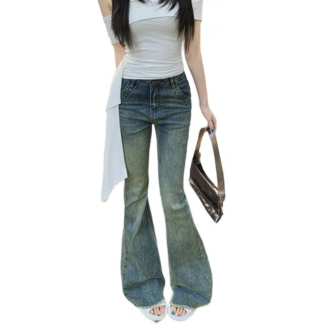 拾籍 高腰显瘦喇叭裤毛边设计拖地长裤马蹄裤复古氛围感微喇牛仔裤 女款