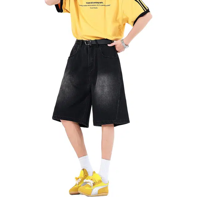 协协乐 美式做旧夏季薄款凉感透气高街拼接设计感宽松直筒五分牛仔短裤 男款