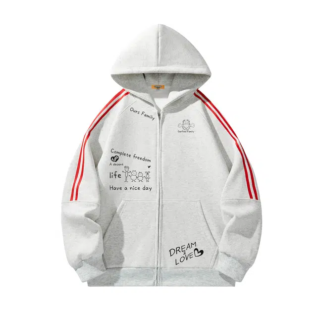 加菲猫家族 美式落肩创意手绘英文加菲猫卡通印花两条杠条纹休闲长袖上衣外套潮流百搭亲肤透气无性别主义帽衫宽松连帽开衫卫衣 男女同款