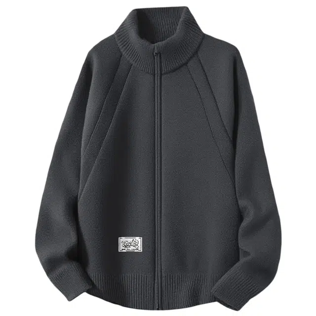 吾皇猫 原创美式复古高街简约基础款学院风立领开衫针织上衣双拉链设计慵懒风时尚贴布外套潮流潮牌毛衣 男女同款