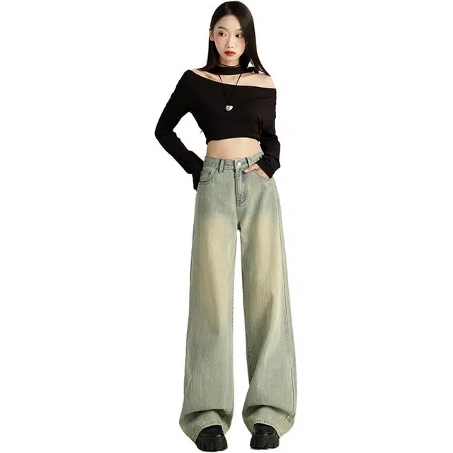 拾籍 美式风格复古水洗高腰垂感宽松显瘦阔腿拖地裤子牛仔裤 女款