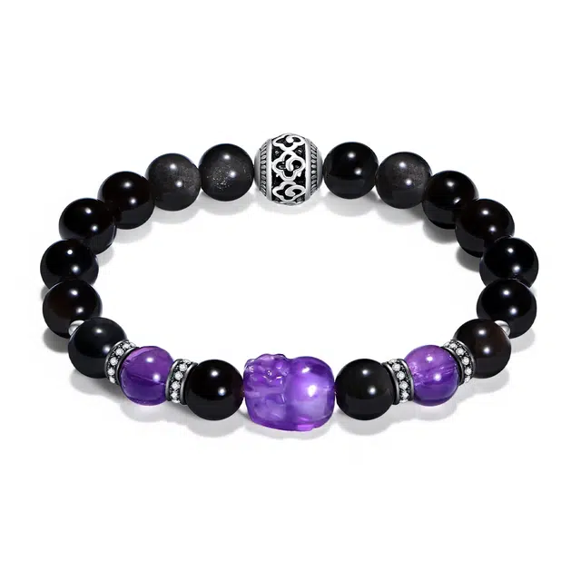 【普陀山官方已过香】 普陀山文创 雅韵紫气东来梦幻紫水晶貔貅招财纳福金玉满堂银曜石新中式钱来运转#好运 黑曜石 玉石手串 男女同款情侣款