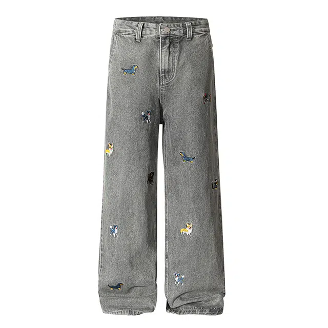 欧路得 卡通小狗刺绣男美式街头水洗做旧阔腿裤童趣设计感百搭长裤牛仔裤 男款