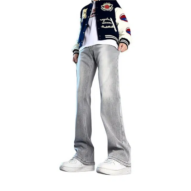 物质公式 美式复古高街水洗做旧日常通勤痞帅纯色基础款舒适柔软弹力宽松百搭废土风窄版休闲运动显高显瘦垂感潮流微喇弯刀牛仔裤 男女同款