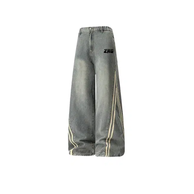 梓润格 条纹印花美式复古基础简约时尚百搭休闲长裤高街潮牌小众设计感宽松垂感阔腿裤牛仔裤 男女同款