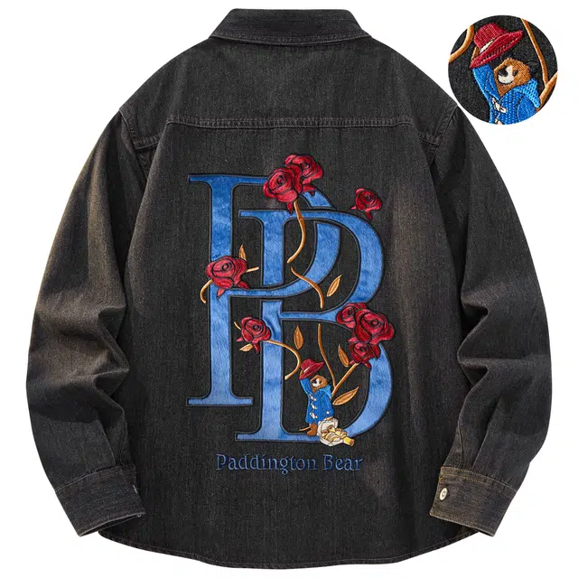 帕丁顿熊 美式轻奢绅士小熊玫瑰字母刺绣基础款纯色飞行重磅翻领街头痞帅小众染水洗做旧牛仔外套 男女同款