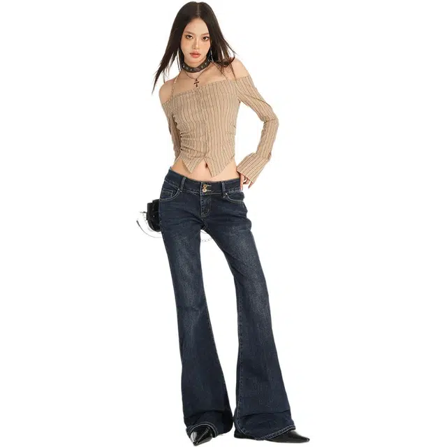 柏黛妃 美式复古蓝低腰微喇女修身显瘦弹力刺绣提臀辣妹喇叭裤牛仔裤 女款